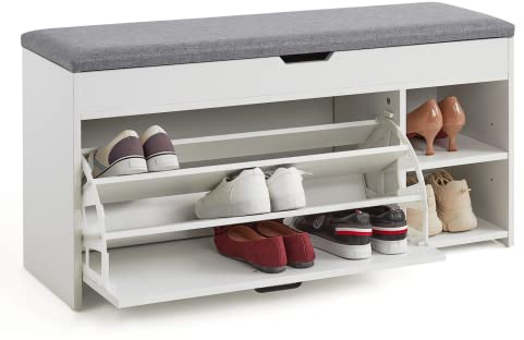 Meerveil Shoe Bench with Seat, Storage Bench with Flip-up Drawer and Open Storage Space, Wooden Industrial Style for Hallway Entryway, W100 x H52 x D30 cm, White