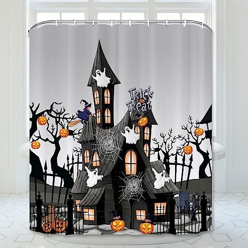 ARESD Rideau de douche d'Halloween pour salle de bain, rideau de douche en tissu polyester imperméable avec 12 crochets, motif toile d'araignée, citrouille, décoration d'Halloween avec 12 crochets,