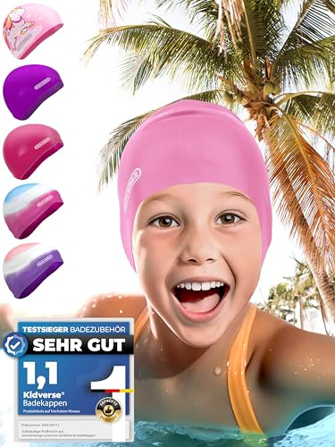 KIDVERSE Badekappe Mädchen - wasserdichte Badekappe Kinder mit Anti-Rutsch-Noppen - Badehaube Kinder - UV Schutz Schwimmhaube 100% reißfest - Schwimmkappe