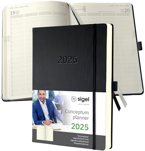 SIGEL C2504 Conceptum Diario per appuntamenti 2025, A4+, nero, copertina rigida, 1 pagina = 1 giorno, 480 pagine