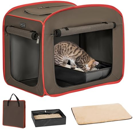 Petsfit Portable Cat Crate with Litter Box and Soft Cushion, Collapsible Pop Up Cat Kennel with Carrying Bag for Travel