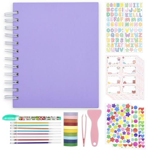 Kids Scrapbook Self Adhesive Photo Album 25 Pages Hard Cover DIY Photo Album for Instant Camera Print Paper with DIY Accessories (Purple)