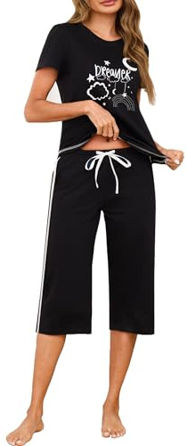 Terecey Ensembles de Pyjama Femme Ete en Coton Vêtements de Nuit Col Rond 2 Pièces Ensemble Femme Short et Haut Doux Confortable