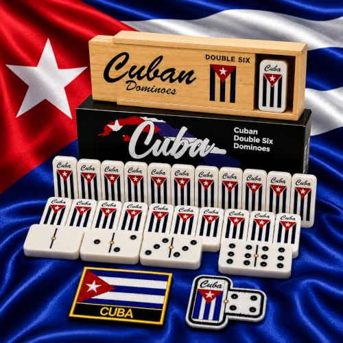 Dominó Doble Seis Estilo Cubano - 28 Azulejos Blancos Clásicos con Pips | Doble seis Dominos Cuba Flag Cubano Set viene con 2 parches Combo Edition