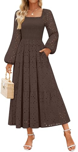 ZESICA Women's Spring Long Sleeve Maxi Dresses 2026 Square Neck Hollow Out Eyelet Smocked A Line Cocktail Party Dress Coffee Medium