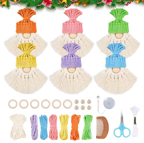 ComPDCVD Kit de Macrame de Navidad 6 Set Adornos de Macramé de Navidad Macrame Kit Navidads Decoraciones Navideñas Santa Claus DIY Navidads Adornos para Colgar en Casa Decorar(6 Color)