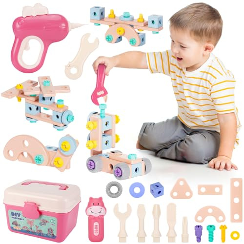 Staranry Boite a Outils Enfant Contient 146 Pièces, Etabli Enfant avec Perceuse, Design Mosaïque Créatif, Blocs de Construction, Kit De Bricolage Avec Boîte de Rangement, Cadeau Garcon Fille 3 4 5 Ans