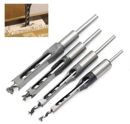 4-Piece Square Mortice Drill Bit Set 6-12 mm HSS - Woodworking Joinery Hole Cutter Tools for Mortise & Tenon, Fits Drill Press & Mortising Machines (4 pcs)