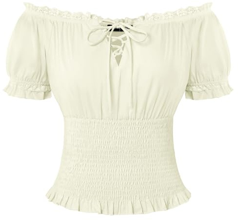 SCARLET DARKNESS, Top estivo da donna in cotone a maniche corte, sbuffate, con inserti in pizzo, spalle scoperte, stile rinascimentale e pirata, avorio, XXL
