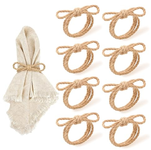 Anelli Portatovaglioli Rustici in Juta con Fiocco, Set da 8 Portatovaglioli Boho Naturali per Decorazione Tavola