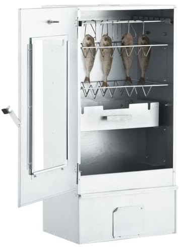 Rökugn med kallrökgenerator av galvaniserat stål, 44,5 x 29 x 83 cm, inklusive 12 S-krokar, 2 rostar, 1 kg träflis, termometer, glasfönster för utomhus BBQ, kött, fisk, grönsaker