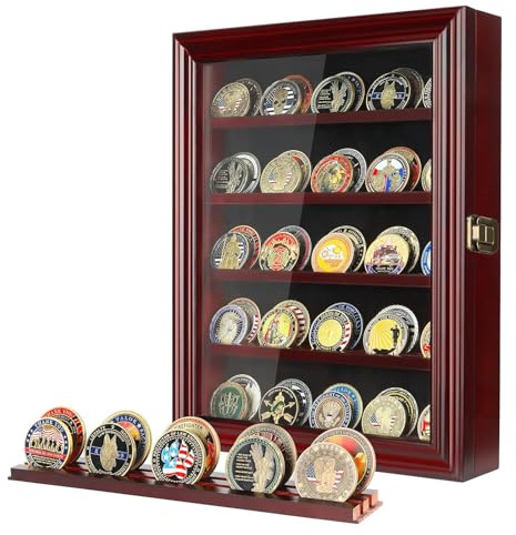 ASmileIndeep Military Challenge Coin Display Case Holder with HD Toughened Glass and Wall Mount, Wooden Coin Stand Rack with Removable 2 Grooves Shelves, Mahogany Finish…