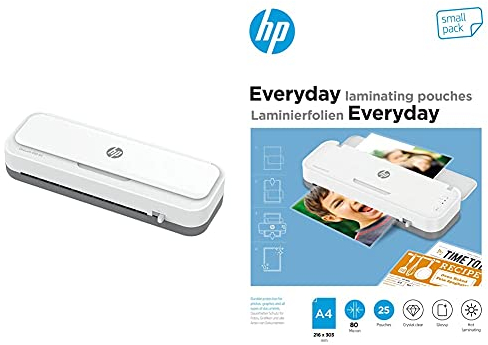 HP OneLam 400 A4, Laminiergerät, 75/80 - 125 Micron, 400 mm pro Minute + HP Everyday Laminierfolien, DIN A4, 80 Micron, glänzend, transparent, zum Heißlaminieren, 25 Stück, 9154