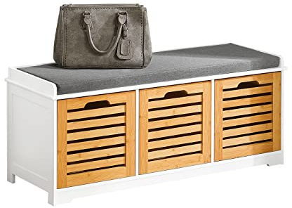 SoBuy FSR23-WN Moderne Schuhtruhe Sitzbank Schuhschrank mit Sitzkissen Spieltruhe Sitzkommode mit 3 Körben