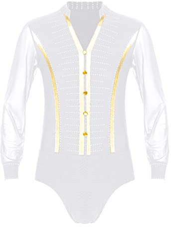 Nyeemya Herren Langarm Hemd Body Latein Tanzbody Glitzer Stringbody Einteiler Eiskunstlauf Bekleidung Dancewear Weiß L