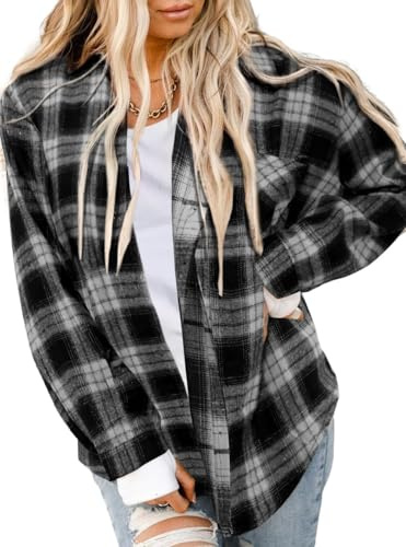 Asiertiy Womens Buffalo Flannel Plaid Shirts Jackets Classic Button Down Blouse Loose Fitted Fall Clothes Fashion Outfits