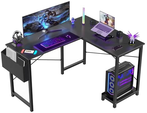 Sweetcrispy - L-Shaped PC Table Corner Gaming Table with CPU Stand, Side Bag for Home, Office, Bedroom, Writing Workstation