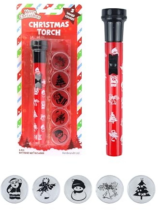 Henbrandt Single Christmas Projector Torch with 5 Interchangeable Caps for Kids Projection Light Slide Projector Xmas Story Projection Torch Flashlight Stocking Filler Party Favours for Boys and Girls