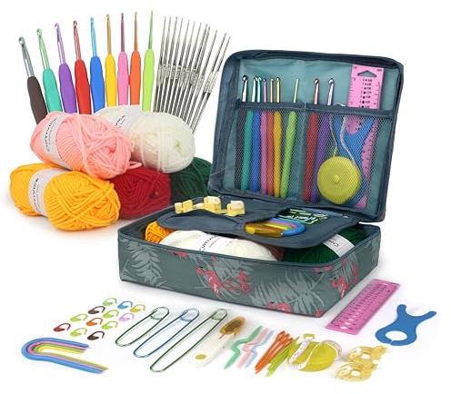 OPTIVICE Crochet Kit for Beginners Adults – 30+ Piece Set with Ergonomic Crochet Hooks (0.6–6.0 mm), Yarn, Accessories & Storage Case – Knitting & Crochet Starter Kit for Kids & Adults (Sea Green)