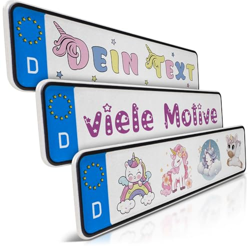 schildEVO 1 Mini Kfz-Kennzeichen | Einhorn Namensschild | Wunschtext zum Geburtstag | Aluminium | Fun-Kennzeichen für Kinderauto | Kettcar | Tretauto | Gokart