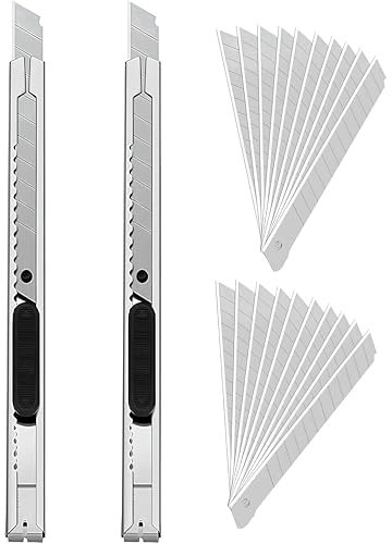 2 pieza Cúter Profesional de Acero Inoxidable con 20 piezas Hojas Repuesto de 9mm a 60 Grados, Cutter Retráctil para Cortar Vinilo, Cuchillas para Corte Preciso en Manualidades