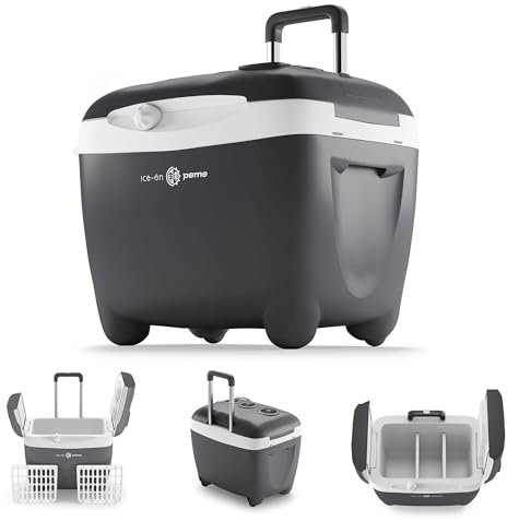 Peme Vital Elektrische Kühlbox 50L – Thermoelektrische Kühlung, Dualer Anschluss 12V & 230V, Deckel mit Doppeltür, für Camping, Auto, mit Griff und Rollen