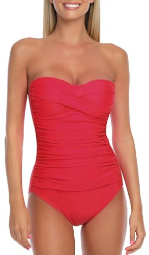 Ocean Blues Women's Bandeau One Pieces Swimsuit Molded Cups Shirring Tummy Control Bathing Suit, Red, Size X-Large