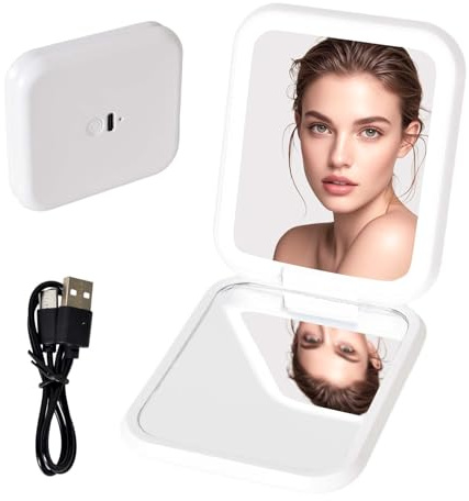 Espejo Maquillaje con Luz LED,Espejo de Bolsillo Compacto Iluminado para Maquillaje,Recargable Espejo de Viaje,Espejo Cosmético Pequeño con Aumento de 1X/2X Portátil para Bolsos y Viajar (Blanco)