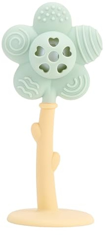 Silicone Teething Toys for Baby, 2-in-1 Sunflower Baby Teething Gel, Baby Rattle with 5 Textures, Built-in Rattle and Bottom Suction Cup Design, Suitable for Babies Aged 0-36 Months (Yellowish Green)