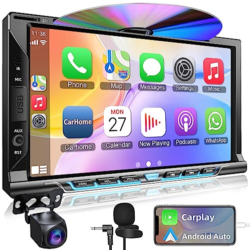 Double Din car Stereo with CD/DVD Player- CarPlay & Android Auto, Car Audio with Bluetooth, 7 Inch HD Touchscreen, Rear Camera, USB/TF/AUX, AM/FM, Subwoofer Radio Receiver