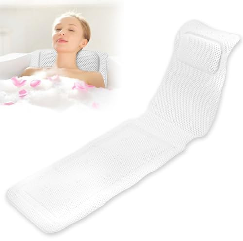 Full Body Bath Pillow for Bathtub, Bath Pillows for Tub with 30 Non-Slip Suction, Bathtub Cushion, Headrest Neck Back Support, 4D ventilation design with holes, Quick Drying