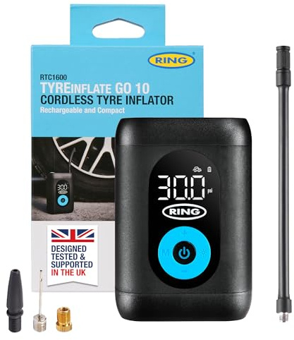 RING TYREINFLATE GO 10 Compact Cordless Tyre Inflator Air Compressor with Three Piece Adaptor Kit - Measures in PSI, BAR and kPA