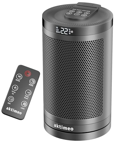 aktimeo NEU Heizlüfter energiesparend [TESTSIEGER], 1500W elektrischer Keramik Heizlüfter mit Thermostat, Überhitzungs-, Kipp- und Kinderschutz, 12 Std. Timer, Heater, inkl. Fernbedienung, schwarz