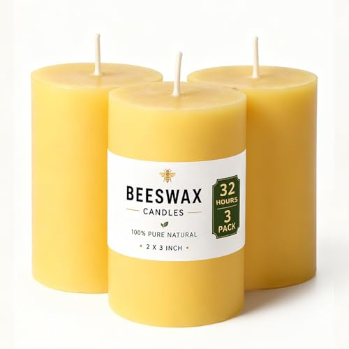 TRIRITE 32 Hour Pure Beeswax Candles,3 Pack Yellow Pillar Candle,5x7cm