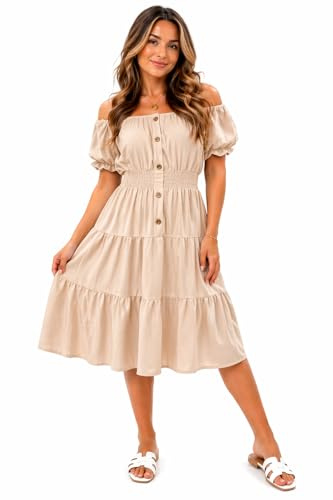 Women's Off Shoulder Midi Dress Summer Smocked Waist Button Front Tiered Swing Dress Short Puff Sleeve Casual Holiday Dress One Size (12- 30) (UK, Numeric, 12, 30, Regular, Regular, Beige)