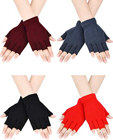 Bememo fingerlose Strickhandschuhe für Jungen und Mädchen, einfarbig, 4 Paar Gr. Medium, Schwarz, Grau, Weinrot, Rot.