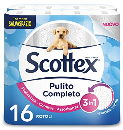 Scottex Pulito Completo Carta Igienica, Morbida e Resistente, Con fibre di Cotone, Fatto in Italia, 16 Rotoli Maxi