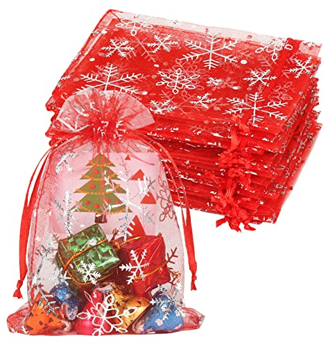 HRX Package Organzasäckchen 10x15 Weihnachten, 100 Stück Rot Geschenksäckchen Organza Schmuckbeutel Netzbeutel mit Zugband (Schneeflocken)