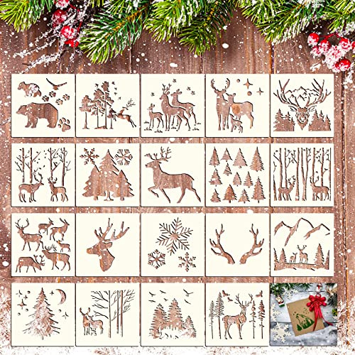 20 stencil natalizi per bambini (15 x 15 cm) riutilizzabili, con cervi natalizi, stencil invernali, per dipingere su legno, parete, tessuto, aerografo