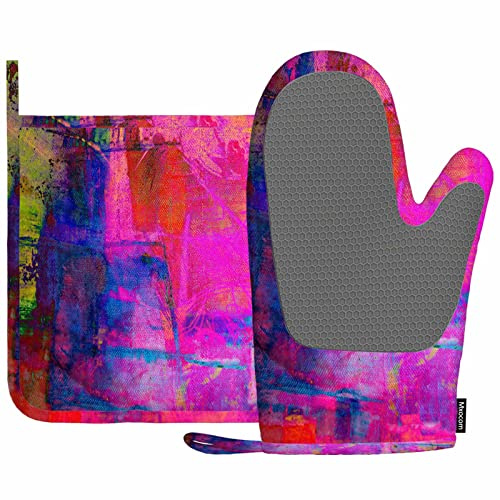 Mxocom Art Abstract Silicone Oven Mitts and Pot Holders Sets Bright Fuchsia Magenta Pink Red Yellow Green and Blue BBQ Gloves for Kitchen,Cooking,Baking,Grilling