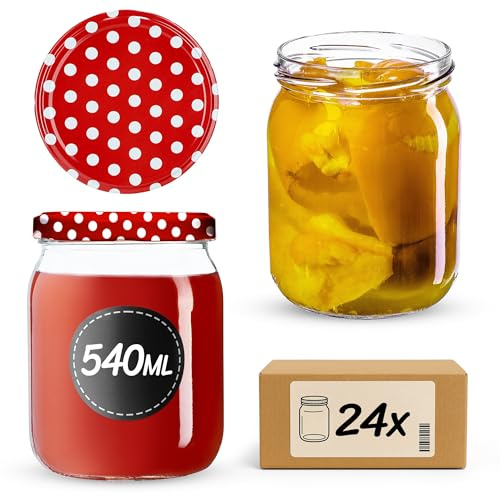 KADAX Syltburkar 540 ml, konserveringsburkar med skruvlock, glas med skruvlock, konserveringsburkar, förvaringsburkar för insättning av gurkor (24 stycken, röda prickar)