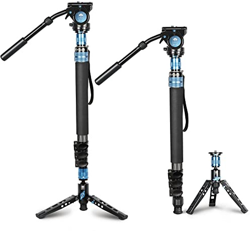 SIRUI P-424FS Monopié de Fibra de Carbono con Pies para Cámara, Monopié de Fotografía Profesional Portátil de 4 Secciones con Cabezal de Video Fluido VH-10 para Videocámara, Carga Máxima 12kg
