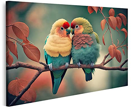 islandburner Cuadro sobre lienzo Pareja romántica periquitos pájaros rama amor concepto IZIV cuadros impresiones imágenes mural decoración de pared