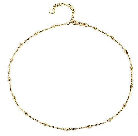 AKA Gioielli® - Collier Ras de cou Femme en Argent 925 Plaqué Or Jaune 18 Carats - Chaîne avec Boules - Longueur réglable