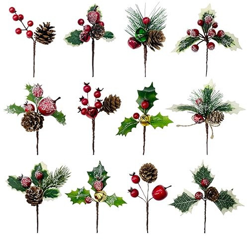 12 Stück Künstliche Weihnachtsbeeren Kleine künstliche Tannenzweige mit Beeren Tannenzapfen Weihnachts Picks Mistelzweig Holly Beeren Zweige für Basteln Adventskränze Weihnachtsbäume Dekoration