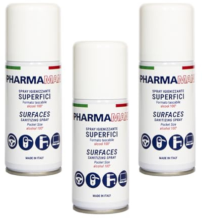 Pharmamani KIT 3 PEZZI SPRAY IGIENIZZANTE SUPERFICI da 100 ml. 100% Alcool, Efficacia immediata, Igienizza le Superfici al Contatto, Asciuga rapidamente. Tascabile, Profumo gradevole.