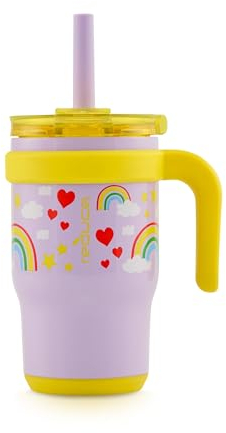 REDUCE Coldee Kinder-Becher mit Deckel und Strohhalm, isolierter Reisebecher, auslaufsicher, schweißfest, BPA-frei, inklusive Griff, wiederverwendbarem Silikon-Trinkhalm, 400 ml, Regenbogenhimmel