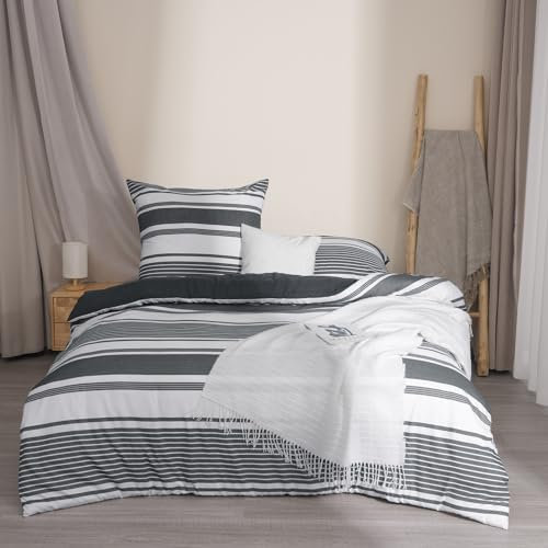 PHF Bettwäsche 200x220, Streifen Bettbezüge 200x220 cm mit 2er Kissenbezüge 80x80 cm, Weich und Bügelfrei Dark Grey Bettwäsche 200x220cm aus Mikrofaser mit Reißverschluss Charcoal, Dunkelgrau