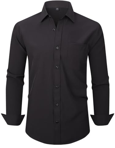 Lumilk Men's Dress Shirts Long Sleeve Button Down Shirt Business Formal Stretch Shirt Regular Fit with Pockets Black X-Large