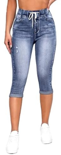 Kvinnors Skinny Fit Capri-jeans Elastisk Midja Ledig Sommar Dragsko Fritidsmode Retro Eleganta Tvättade Jeans Resestrandknäshorts med Hög Midja(Blue,M)